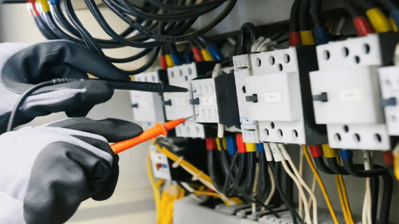 Electricista comprobando un cuadro eléctrico con un multímetro